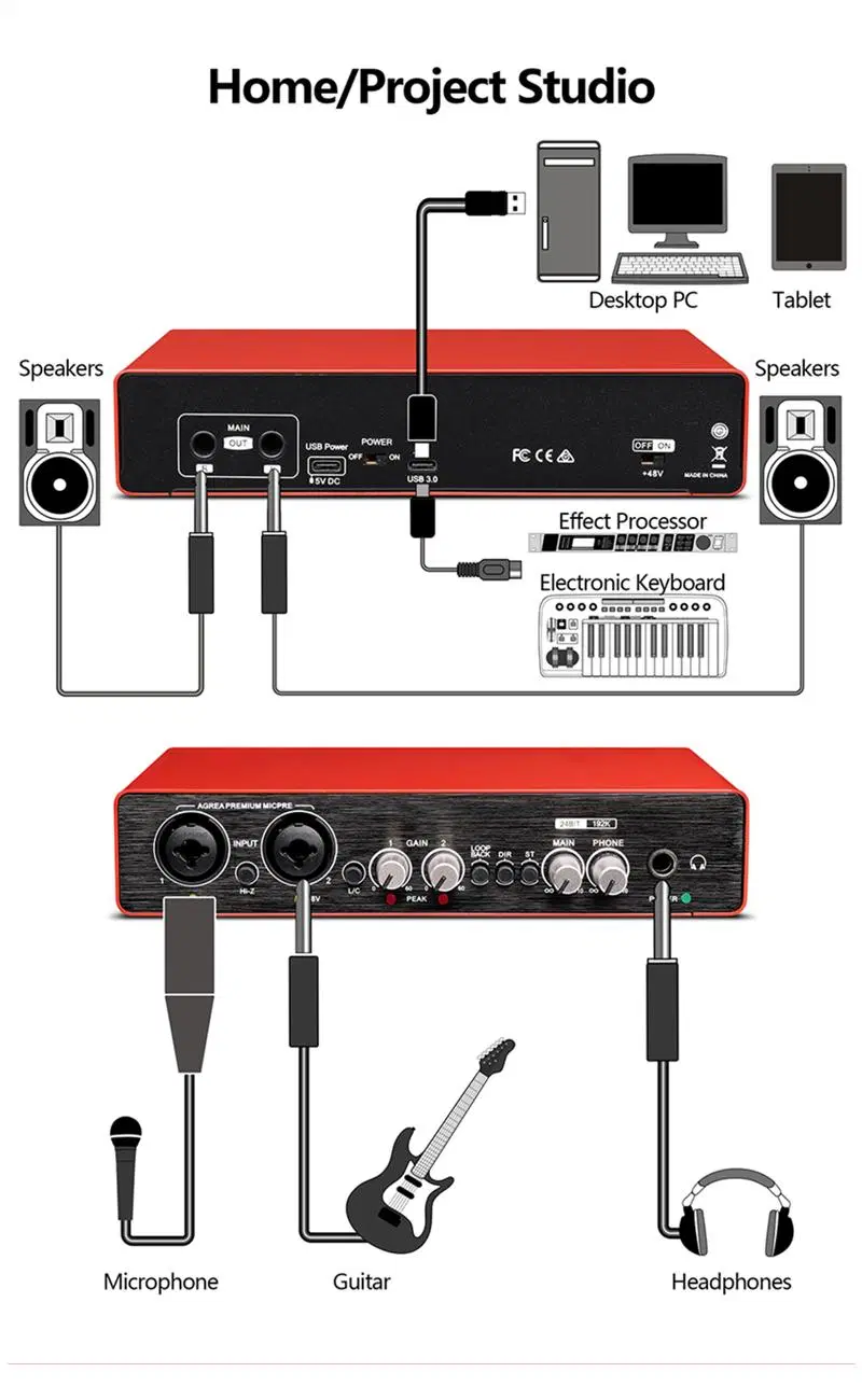 UC22 portátil Tarjeta de sonido interfaz de audio Estudio de grabación Jack XLR Interfaz Audio Alimentación USB