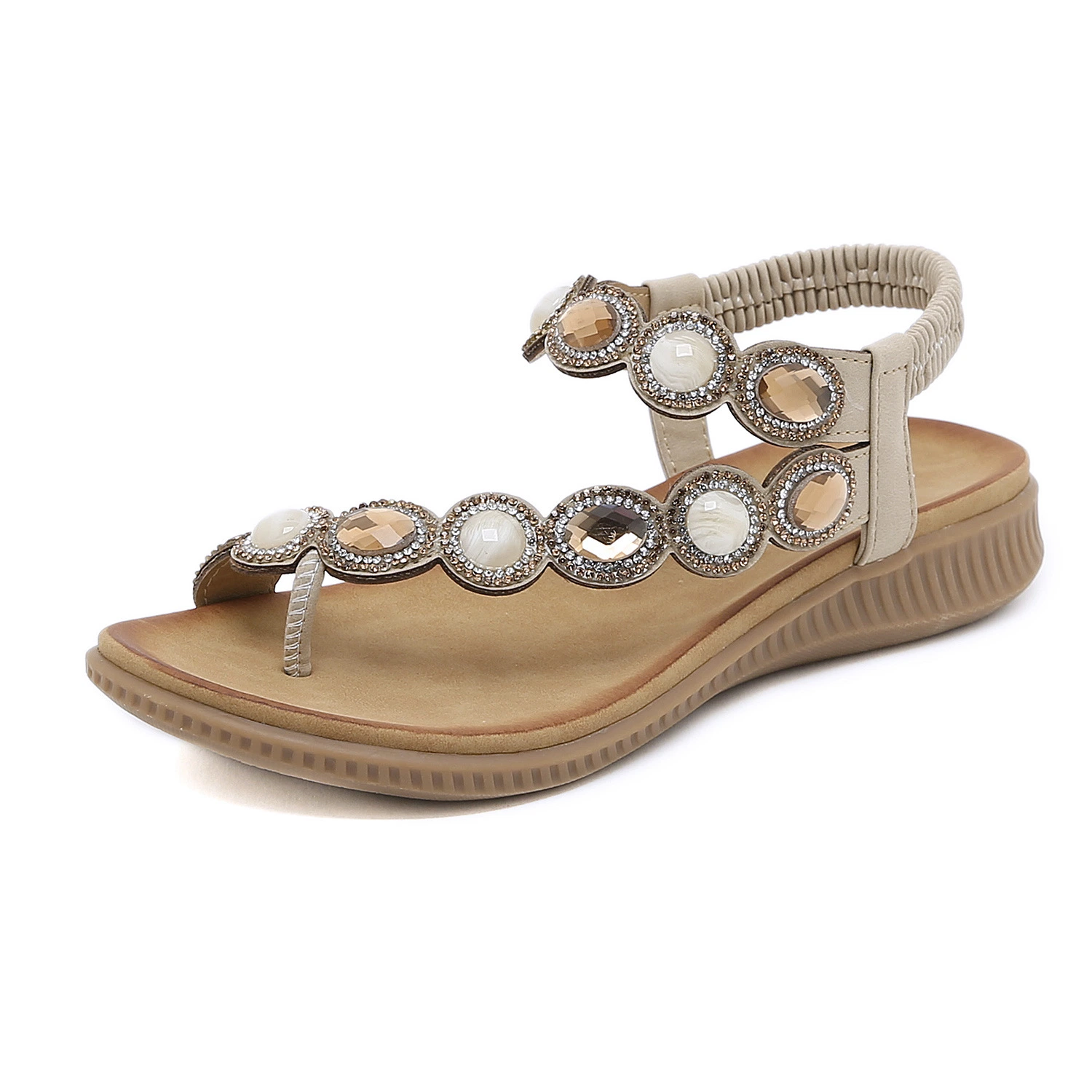 Nueva piedra Rhinestone cómoda Round Toe Seaside zapatos planos para vacaciones