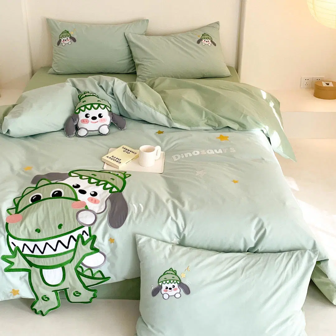 Hellgrün Cartoon Stickerei Bettdecke Bezug 100% Gewaschen Baumwolle König Größe ODM Bettlaken Premium Kinder Heim Textil 4PCS Bettwäsche Lieferant Festlegen