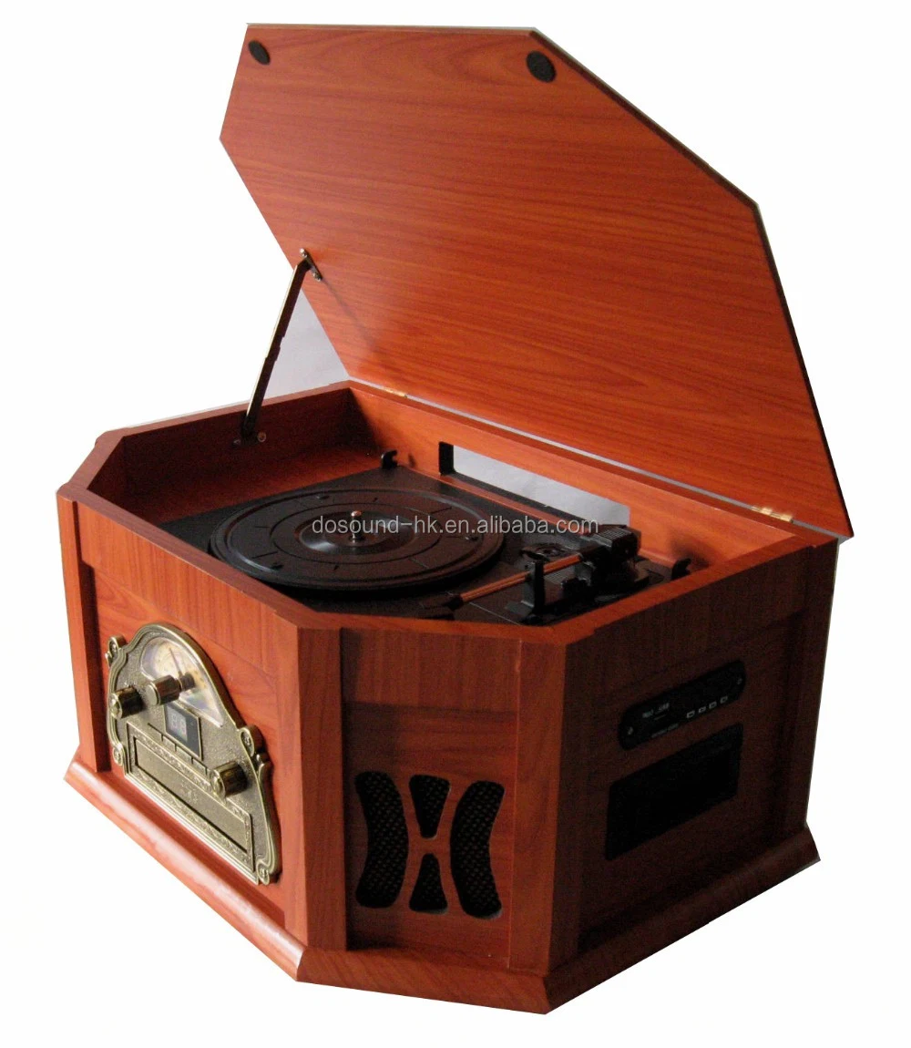 Disques Gramophone et multi-plateau en bois avec entrée auxiliaire, lecteur de CD, radio et cassette FM