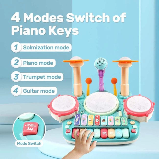 5in1 Musical Instruments Toys Kids Electronic Piano Keyboard Xylophone Include 2 Microphones with Light Multifunctional Drum Toy