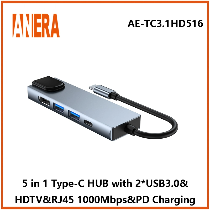 Anera High Performance 5 in 1 Multifunktions-USB C tragbar Nabenadapter-Konverter Typ C mit 1000Mbps LAN USB3,0 Hub Pd-Ladefunktion und HDMI