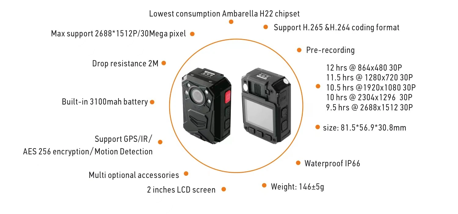 Caméra corporelle portable avec GPS, détection de mouvement et étanchéité IP66.