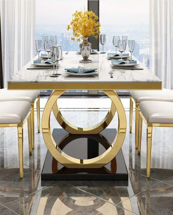 Modern Luxury Furniture Dinners Table and Chair Dining Room Set 8 Seater Rectangle Stainless Steel Marble Dining Room Table