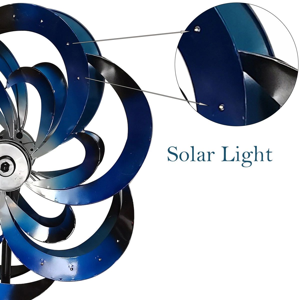 Solar Lighted Stainless Metal Jumbo Spiral 75in Wind-Driven Spinner with Azure Color for Decorating The Garden&Patio, Lawn