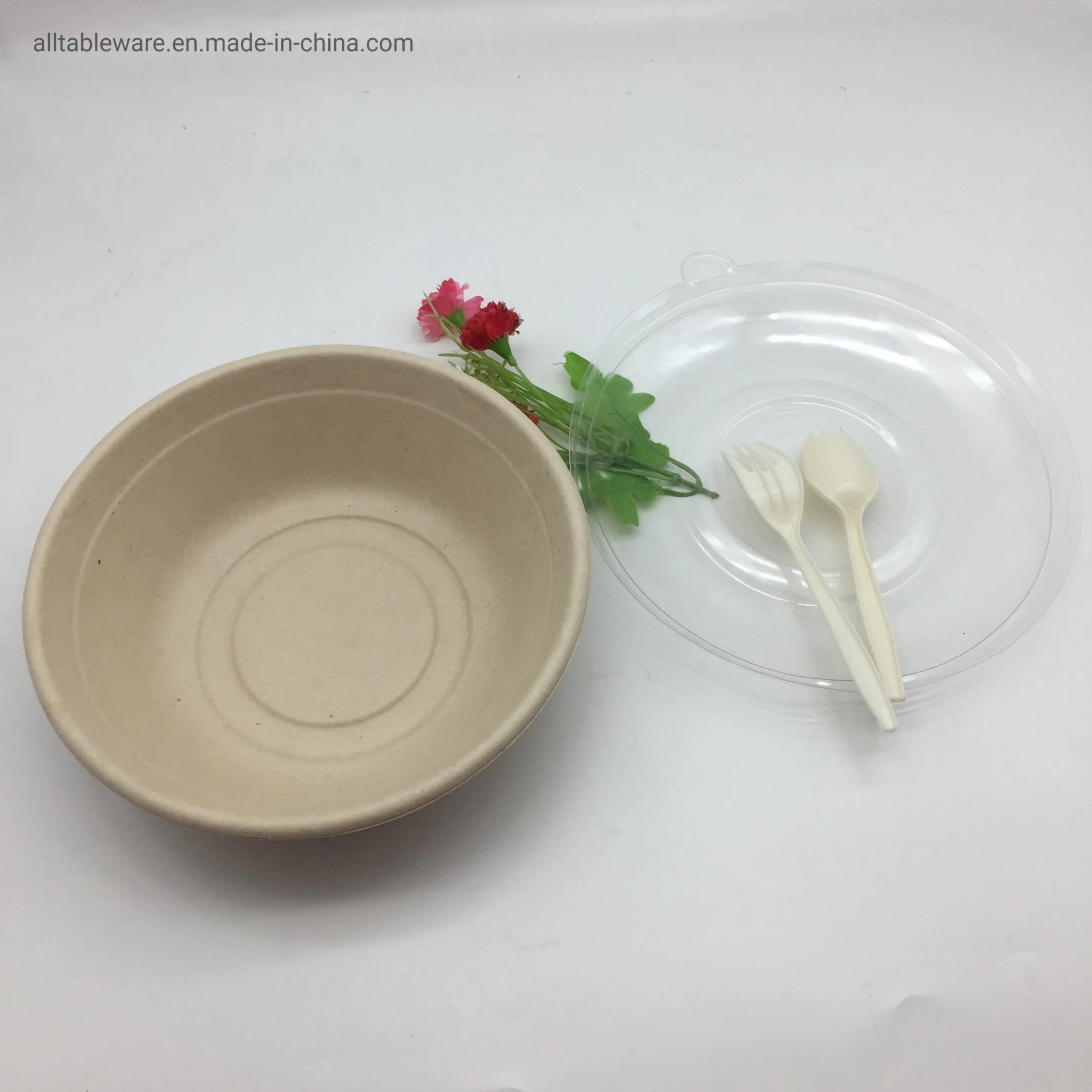 Biodegradable Sugarcane Bagasse 1000ml Round Container of Salad Bowl with Clear Cover