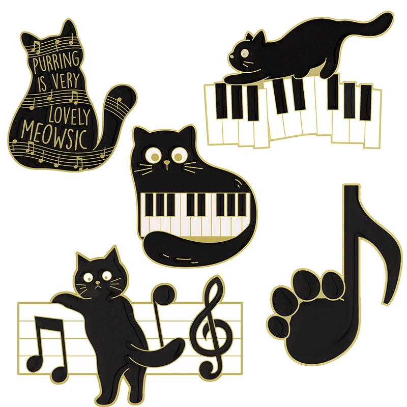 Dibujos Animados Música lindo gato negro piano Broche de aleación de nota