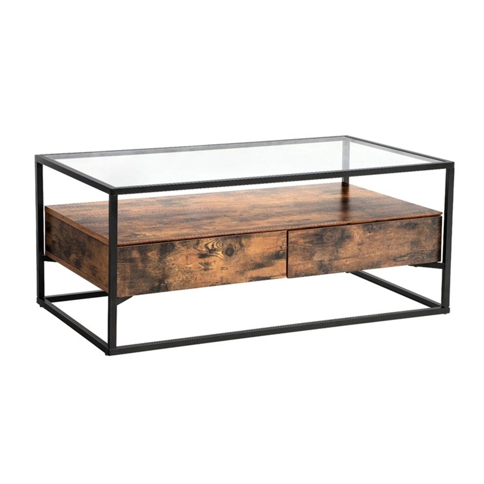 Customized Glass Coffee Table with 2 Drawers Tempered Glass Top with Storage Shelf