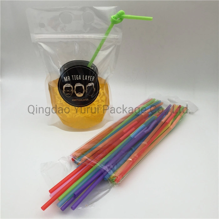 Bolsas de plástico transparentes con cierre hermético y pajitas para beber personalizadas para jugos de frutas y bebidas.