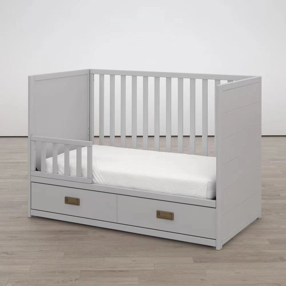 Gris robusto bastidor de madera Cuna cama cuna convertible en cama de niño cajón extraíble