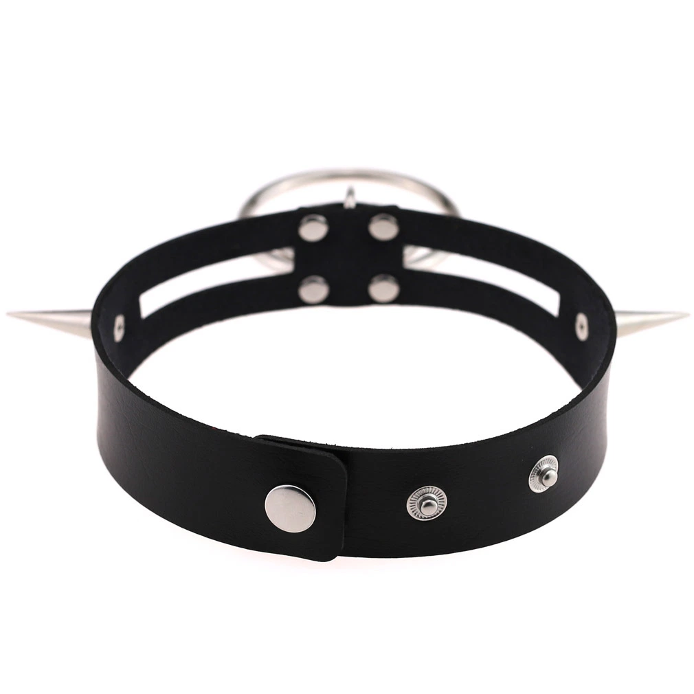 Sexy PU Leder Spiked Nieten Kragen Doppel O-förmigen großen Ring Halsband