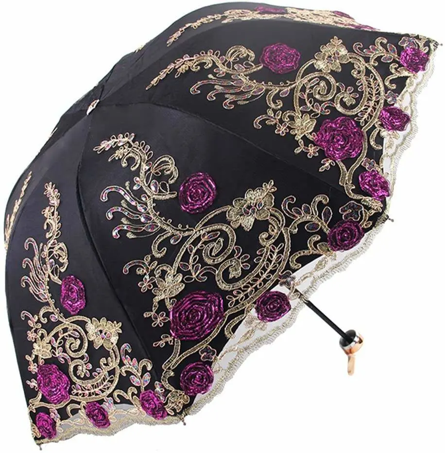 Designer Vintage Lace 3D Flower Embroidery UV 50 Sun Parasol Wedding Fabric Umbrella with Black Coating