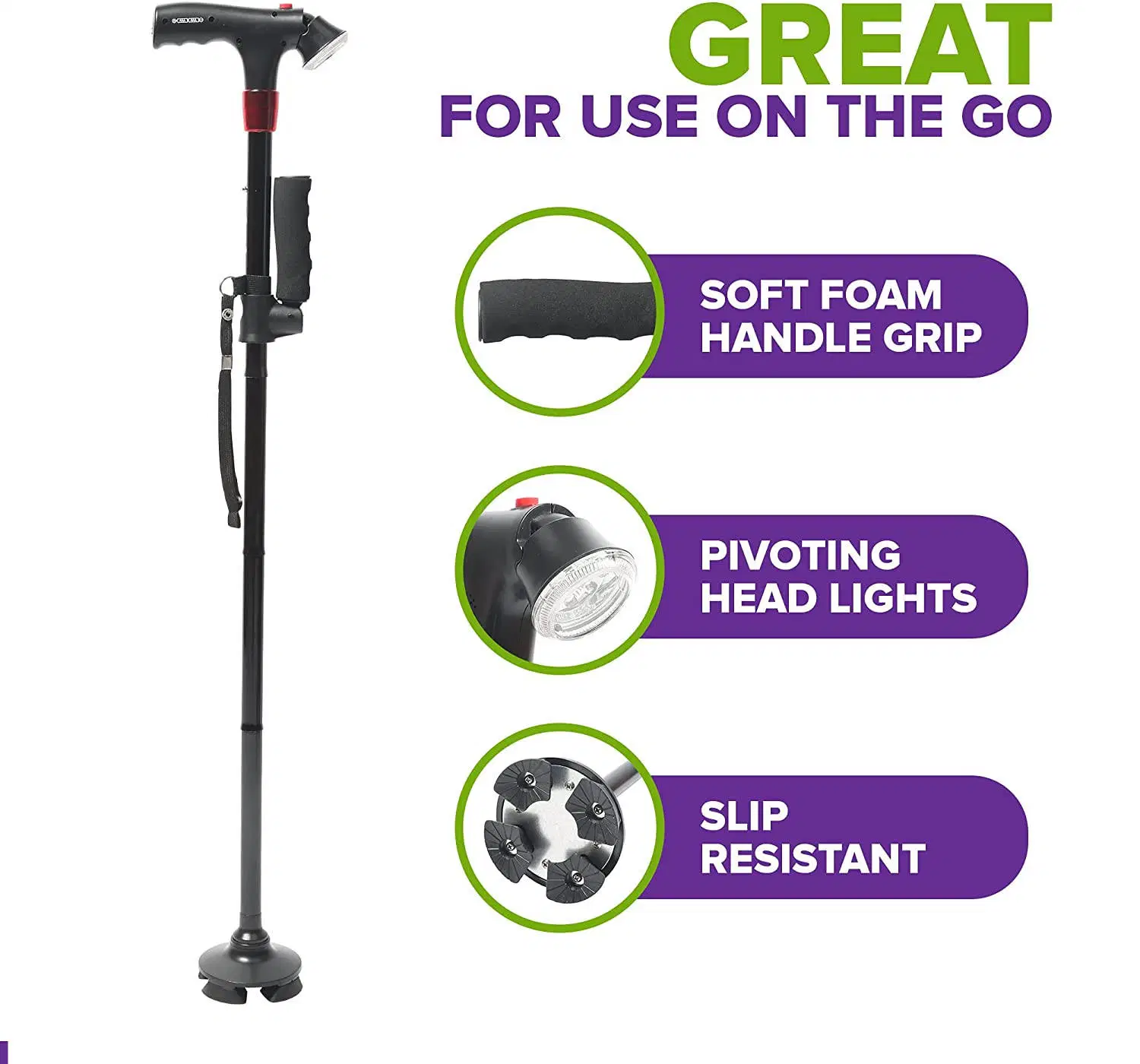 Premium Travel Lightweight Folding Walking Cane with LED Flashlight - Sos Alarm - W/Non Slip Flexible Cane Tip & Extra Handle