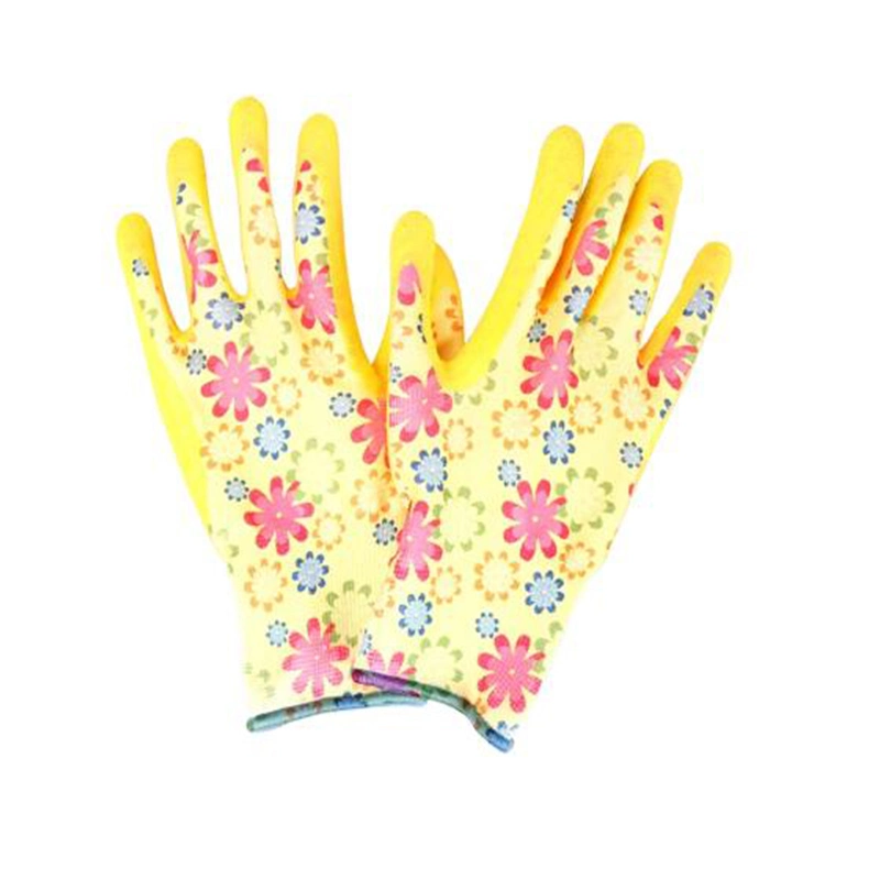 Factory Price Lady Work Garden Gloves Printing Polyester Liner Safety Gloves with PU Coated