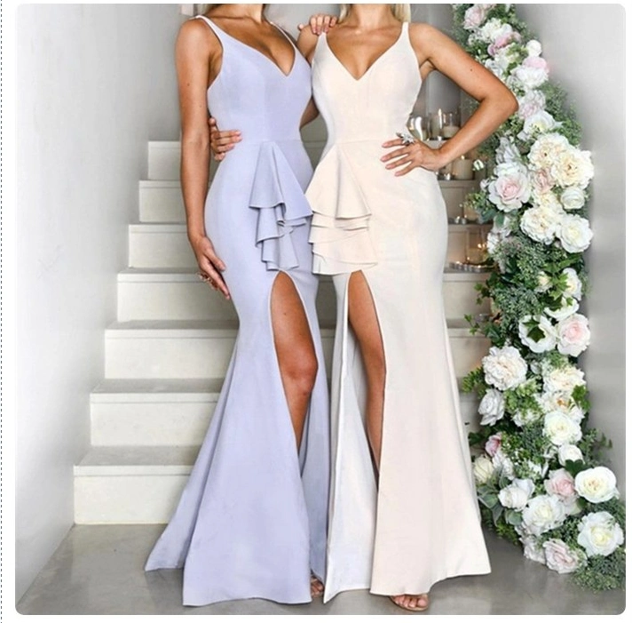 V-Neck Mermaid Bridesmaid Dresses Long Robe Formal Evening Dress R918