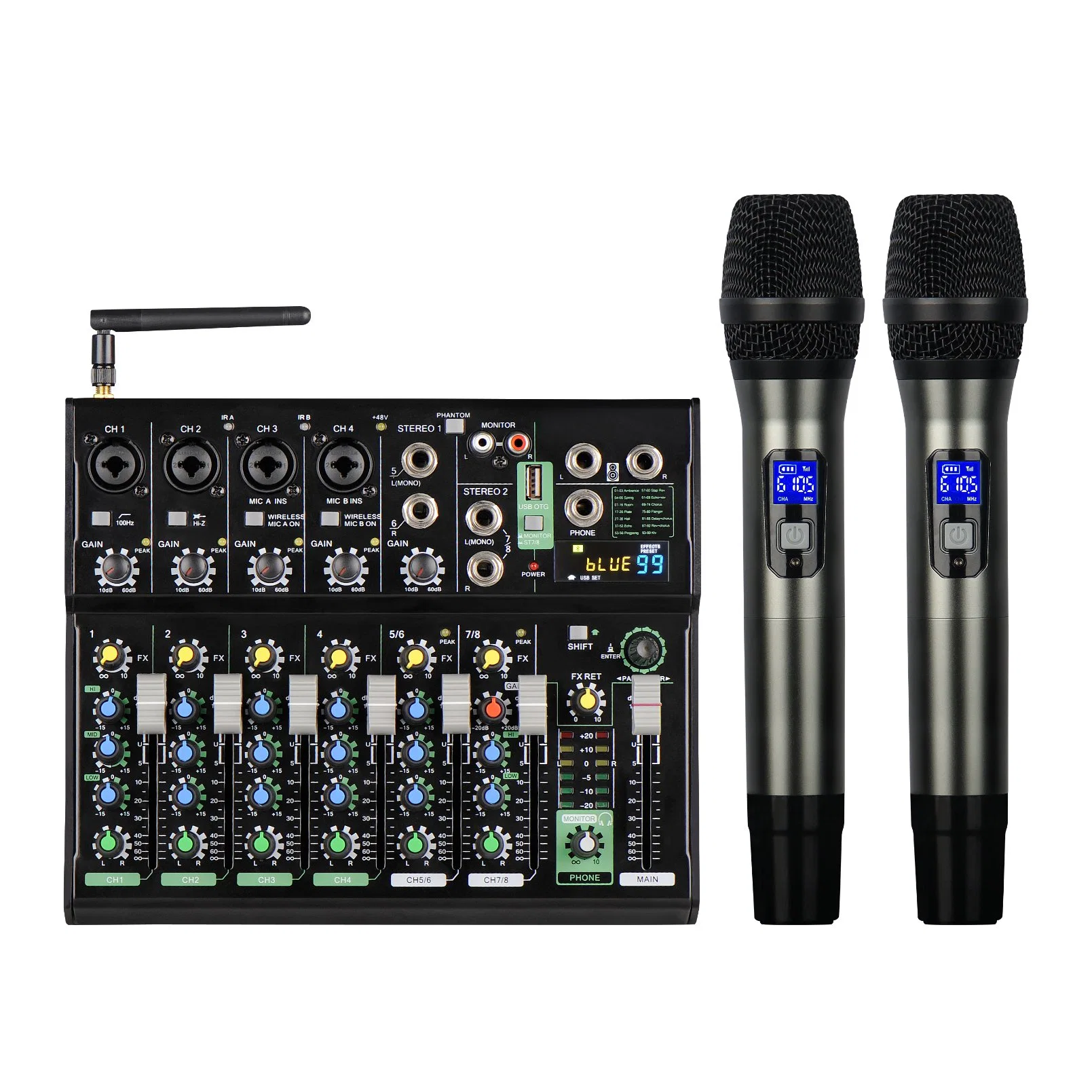Mickle Mit4-Wmic Mezclador de audio 4 canales de micrófono inalámbrico UHF con MP3 entrada USB alimentación Phantom de 48V mezclador de sonido de audio digital.