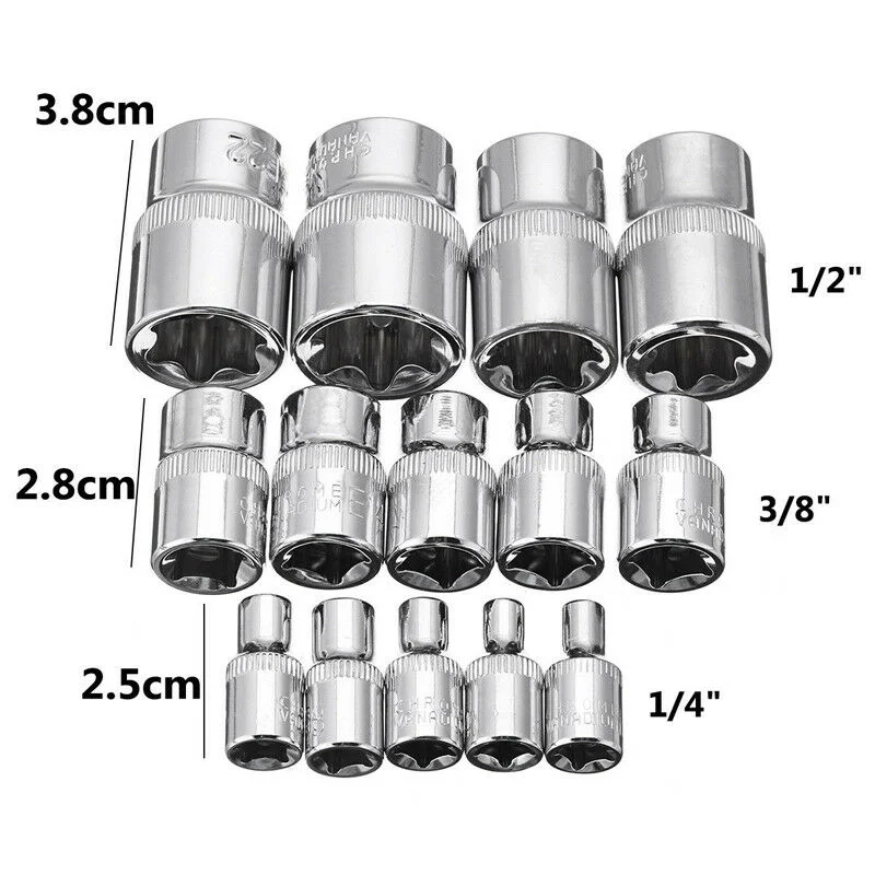 14ПК 1/4", 3/8", 1/2" драйвера E Torx Star бит Chrome разъем комплекта инструмента set + .