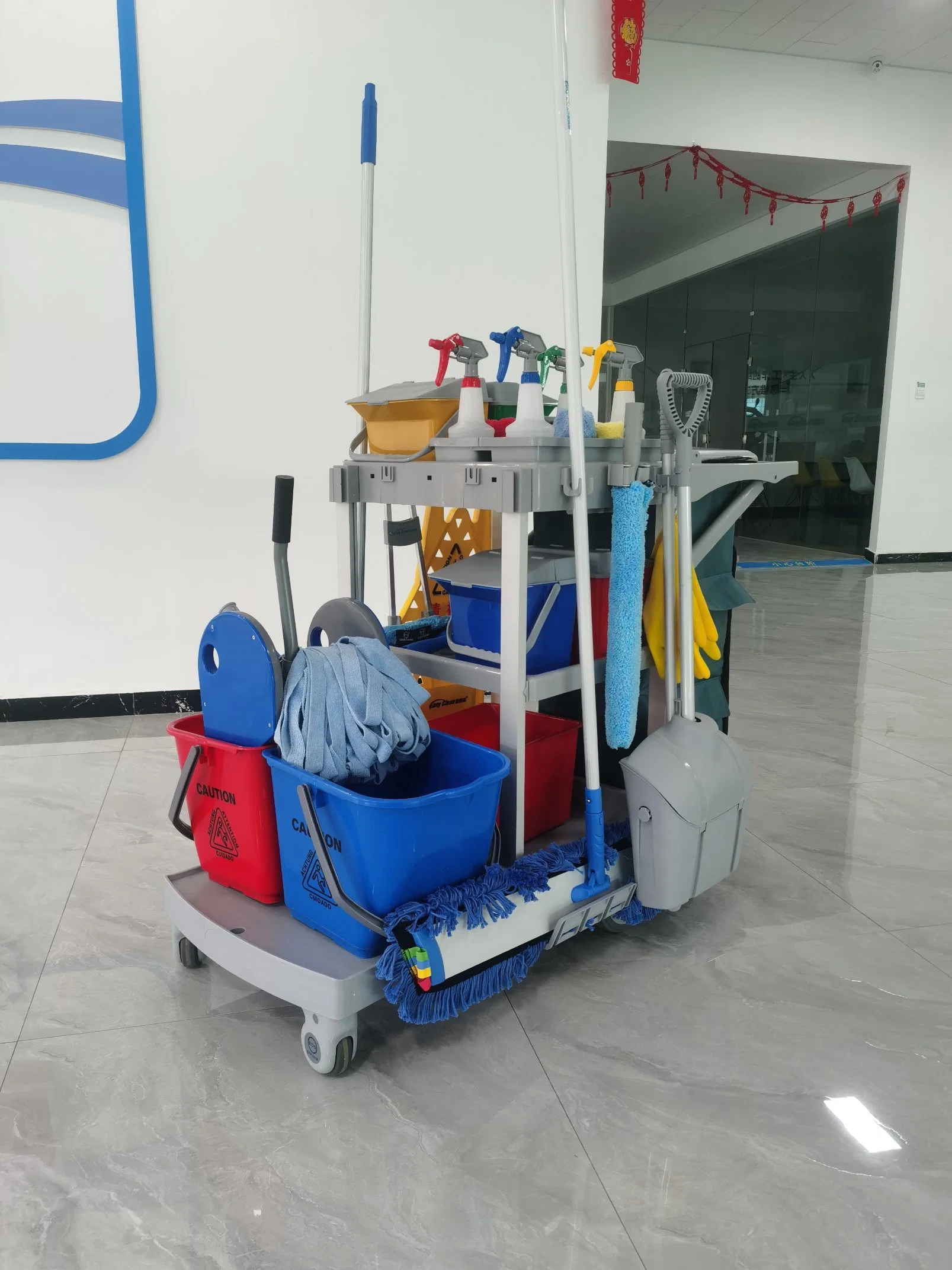 Room Clean Service Cart Double Bucket Movable Trolley Hotel Restaurant Black Waterproof Blue OEM Steel Gray Wheels PCS Colo