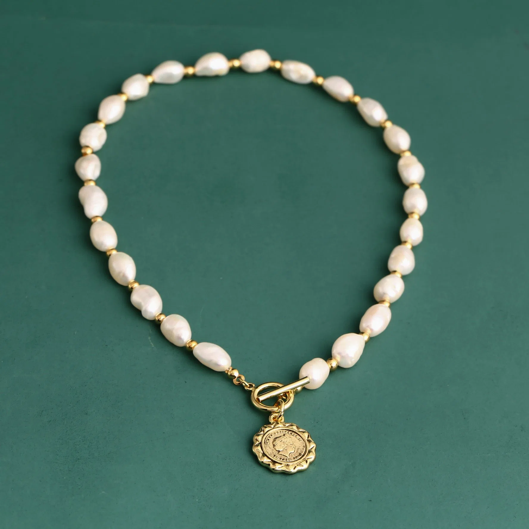 Roman Head Coin Pendant Real Gold Jewelry Freshwater Pearl Necklace