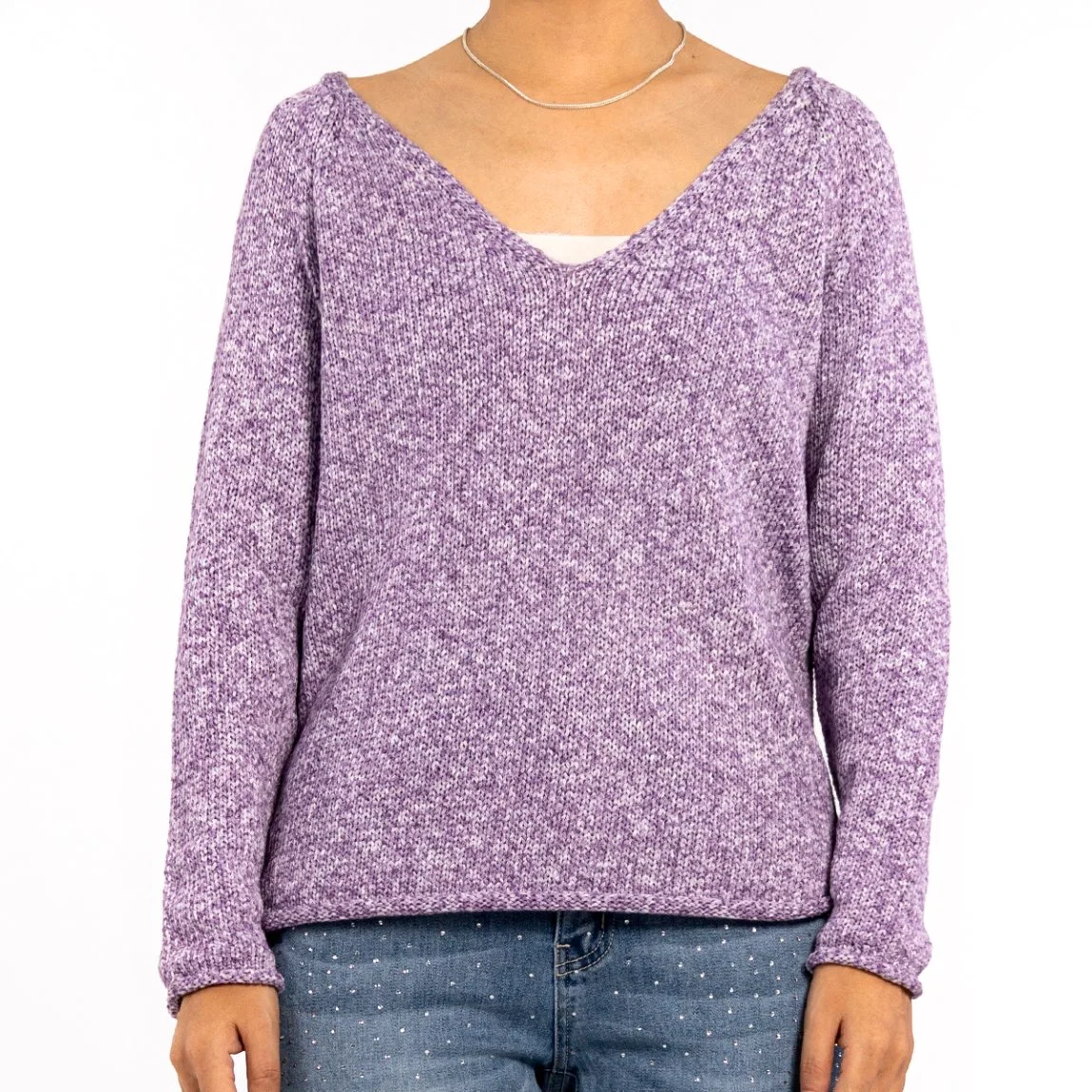 Autumn Fashion Purple V-Neck Slim Rolled Long Sleeve Sweaters for Women Trendy