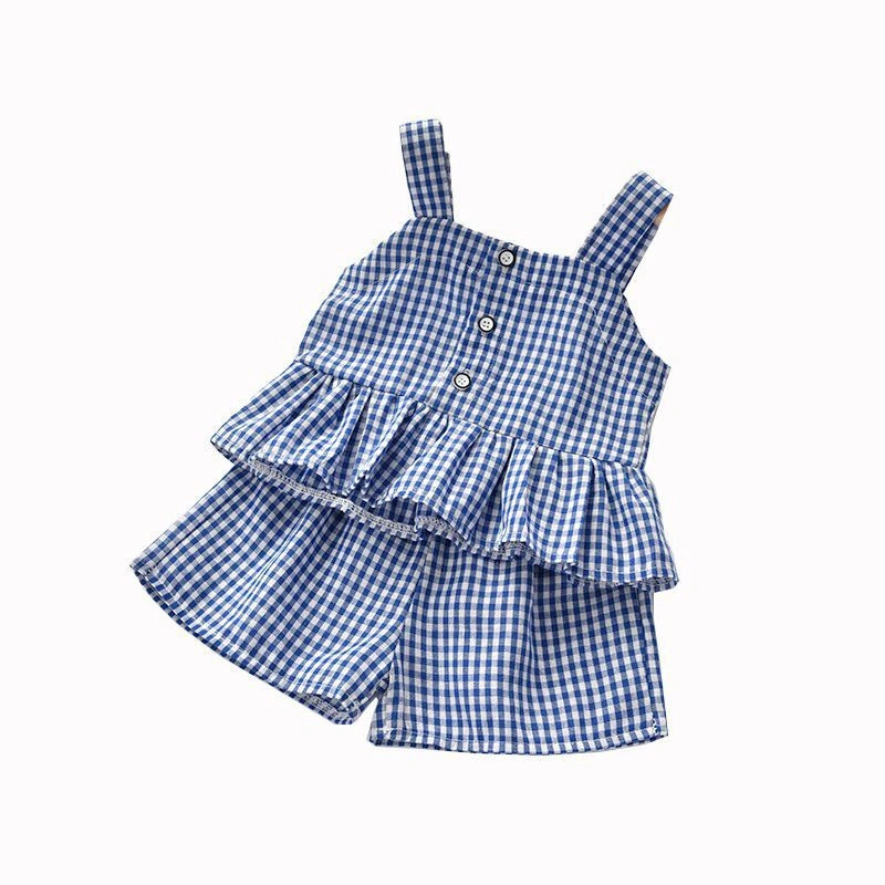 2023 Girls Outfits Baby Clothing Sets Summer Plaid Sling T-Shirt Top Shorts 2PC Princess Suit Kids Clothes