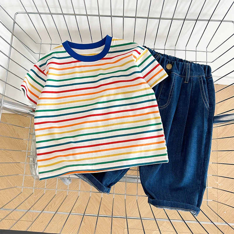 2023 Summer New Children's Korean Version of The Children's Rainbow Striped Short-Sleeved Boys and Girls with Thin T-Shirt