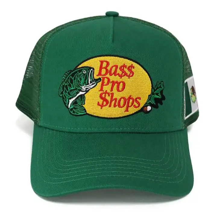 Wholesale/Supplier Fashion Fish Embroidery Patch Logo Green Fishing Hat 100% Cotton with a Mesh Back Trucker Cap Gorras Outdoor Bass PRO Shops Trucker Hat