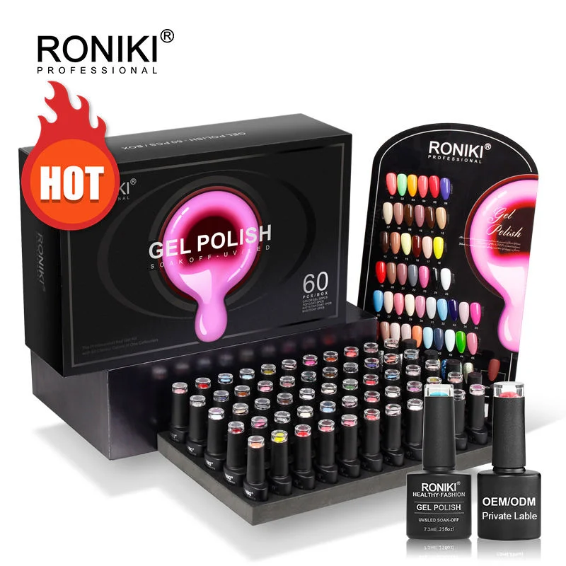 Juego de gel de color de Roniki 60pcs/Kit Nail Art Salon base y. Top Coat Enamel Gel Varnish Nail Polish Set