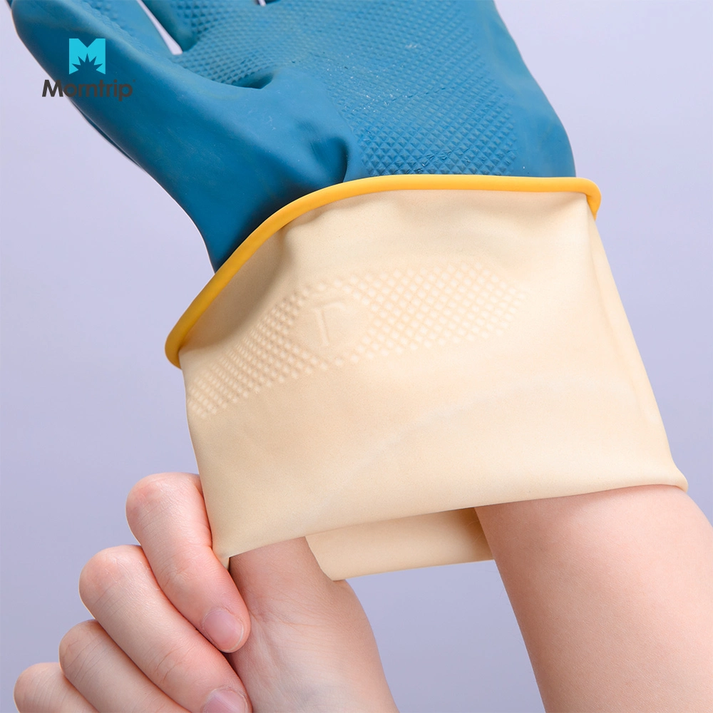 China Wholesale/Supplier CE Approved Bi-Color Long Sleeve Non-Slip Adult Latex Chemical Resistance Flocklined Household Industrial Work Labor Rubber Gloves for Men Women