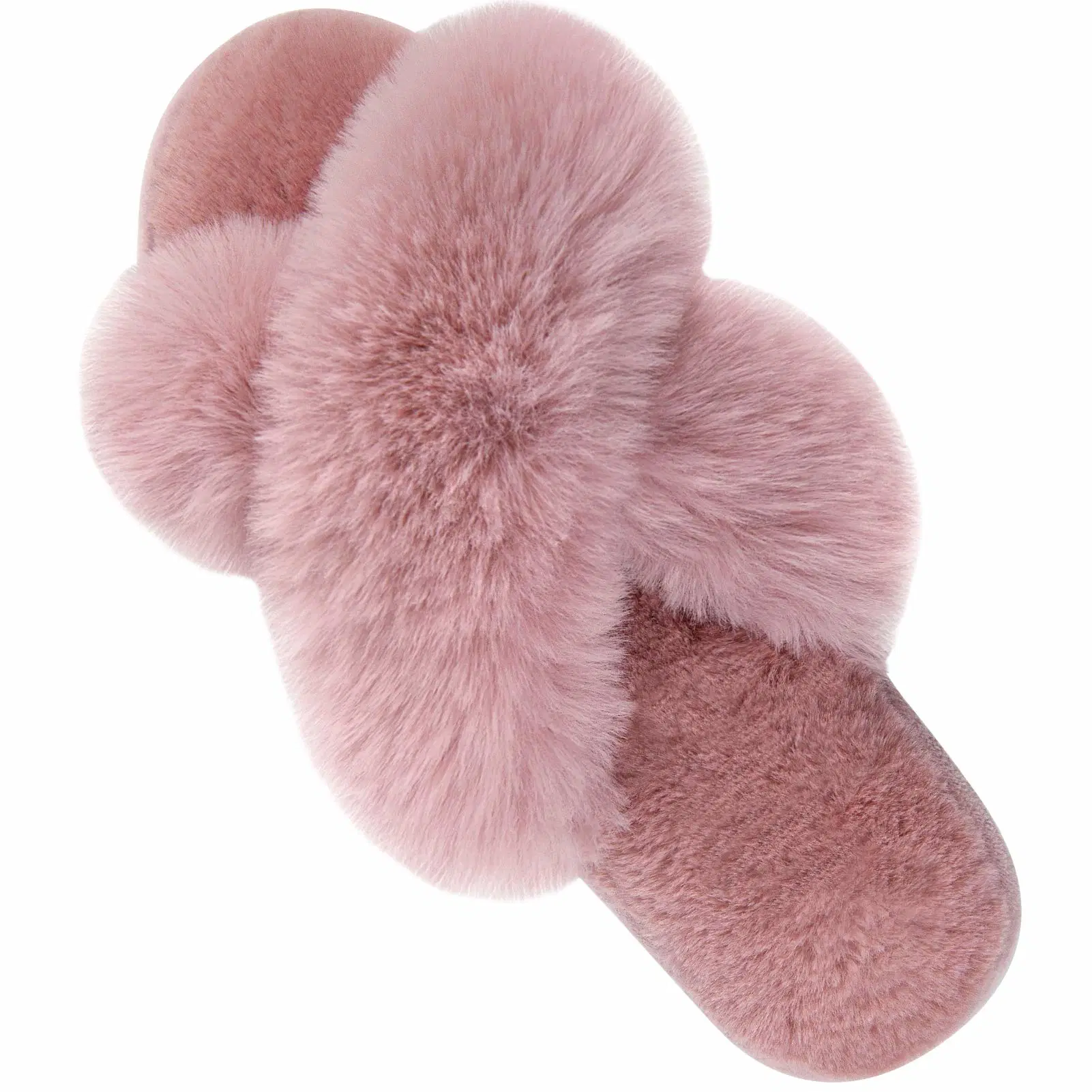 Fuzzy Cross Band Slip on Open Toe Cozy Slippers