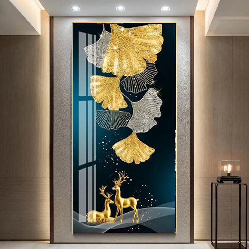 Modern Entrance Artwork Gold Leaf Crystal Porcelain Glass Painting Wall Art Decoration