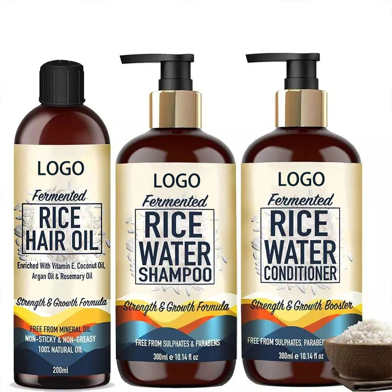 Étiquette privée Organic force croissance cheveux traitement de soins de cheveux huile Shampooing et revitalisant pour cheveux à l'eau de riz fermenté