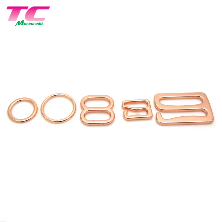 Dongguan Factory Directly Customized Logo Luxury Rose Gold Metal Ring and Strap Adjuster for Swimwear/Lingerie/Underwear Metal Bra Clip Accessories