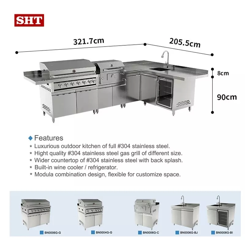 European Style Design Kitchen Cabinets with BBQ Gas Grill and Charcoal Grill for Restaurant