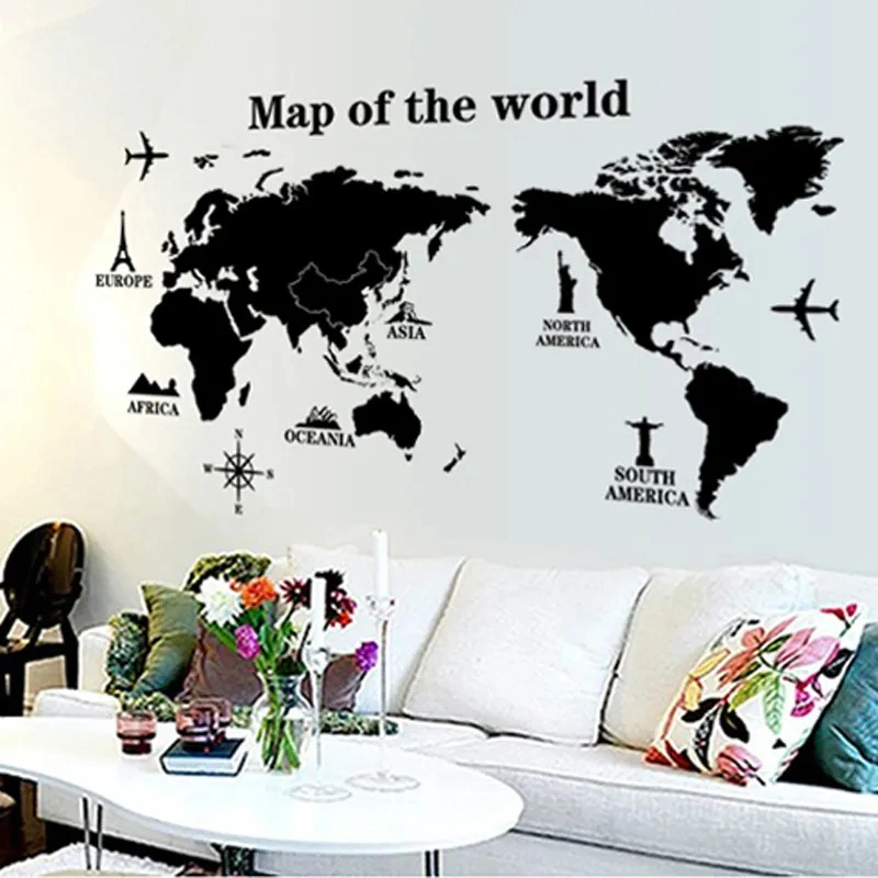 Home Decor adhesivo PVC Viajes Negro Mapa del Mundo Palas de pared