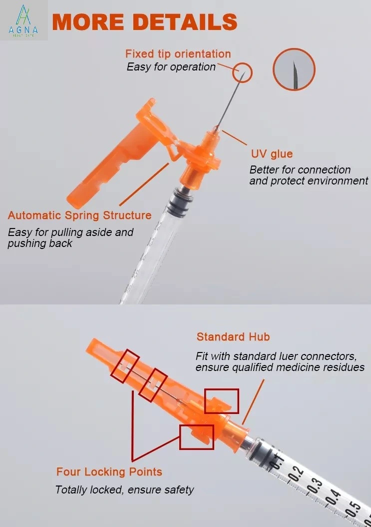 Produits d'instruments médicaux tailles multiples aiguille de sécurité Types d'injection de l'aiguille hypodermique FDA faible espace mort Ldv FDA/ISO