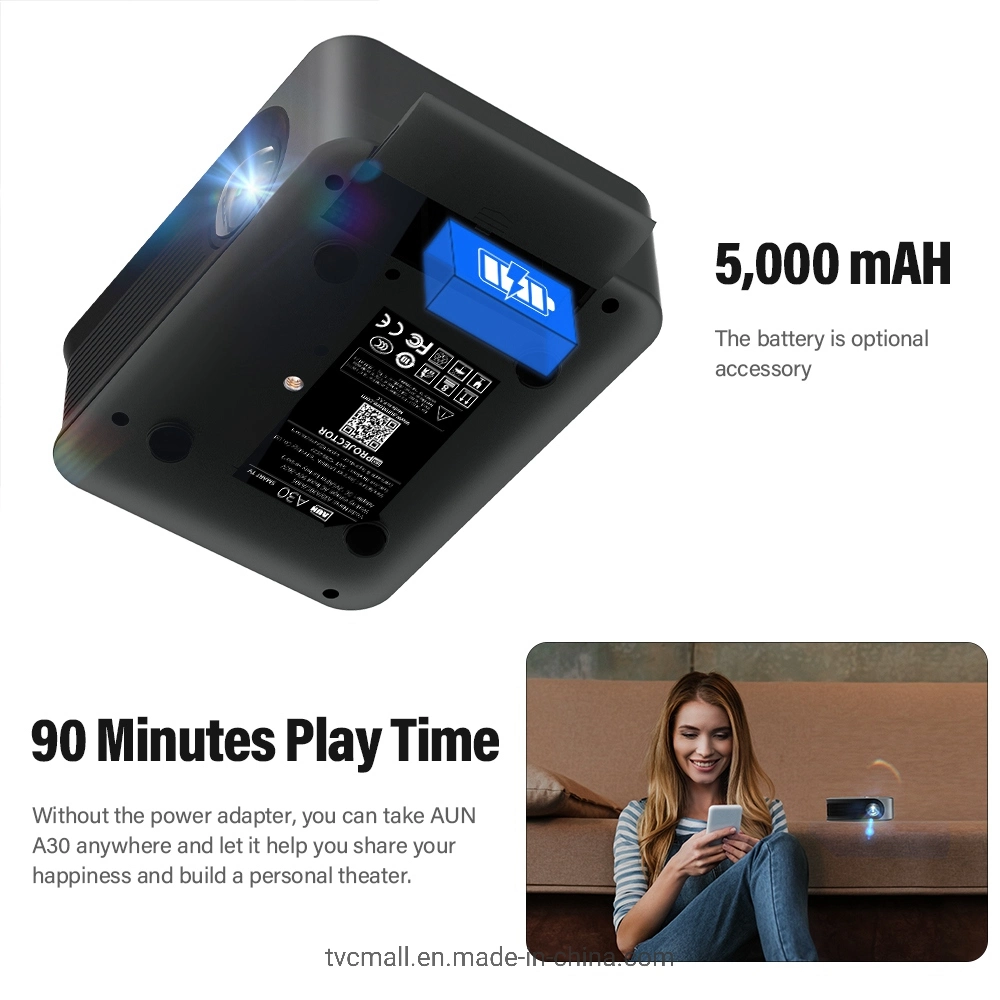 Aun Mini A30C 480p 2.4G Portable Rechargeable / 5G WiFi Miracast Airplay Home Cinéma Vidéo projecteur à LED - Bouchon de l'UE