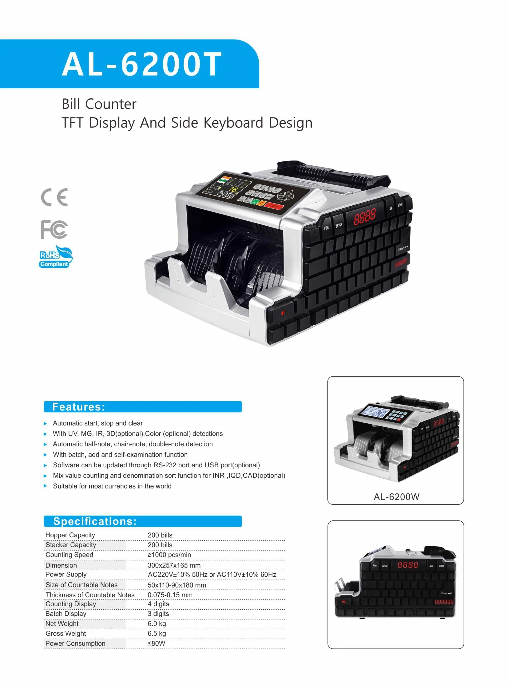 Al-6200W High quality/High cost performance  Cash Counting Machine Bill Counter Machine Coin Sorter and Counter