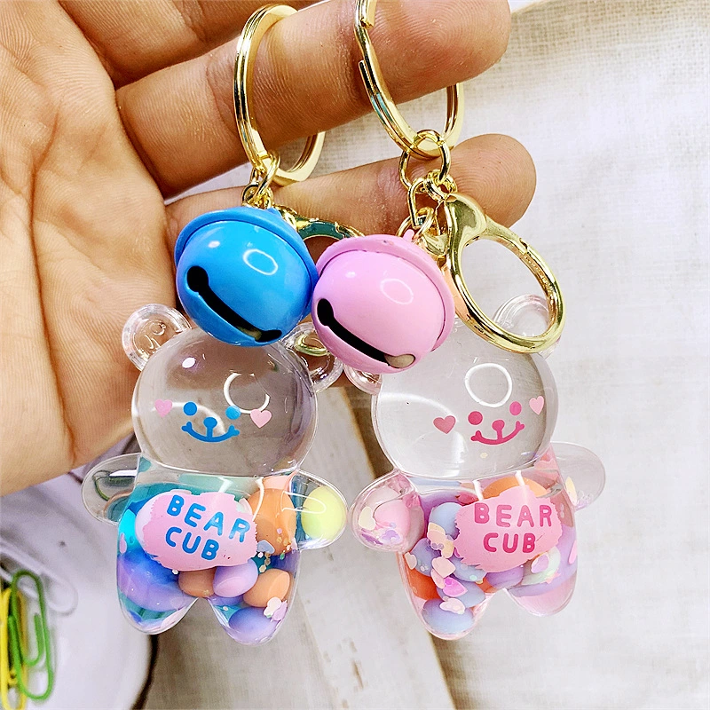 Cute Bear Jelly Beans Floating Liquid Keychain Creative Acrylic Keyring Women Bag Pendant Gift