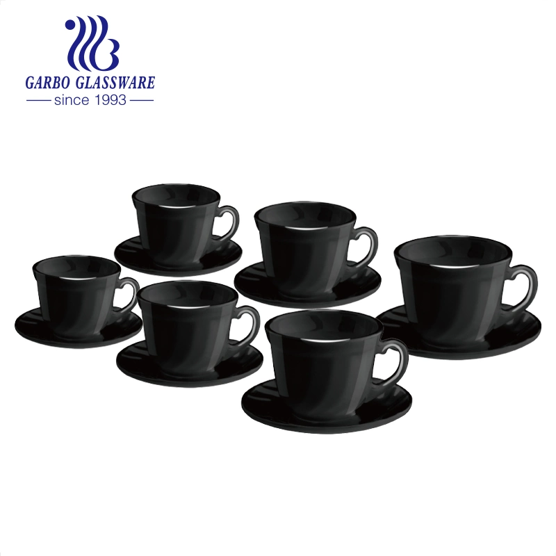 Hot Sale 6PCS Set Square Shape Black Opal Glass 220ml Tea and Coffee Drinking Set with Saucer