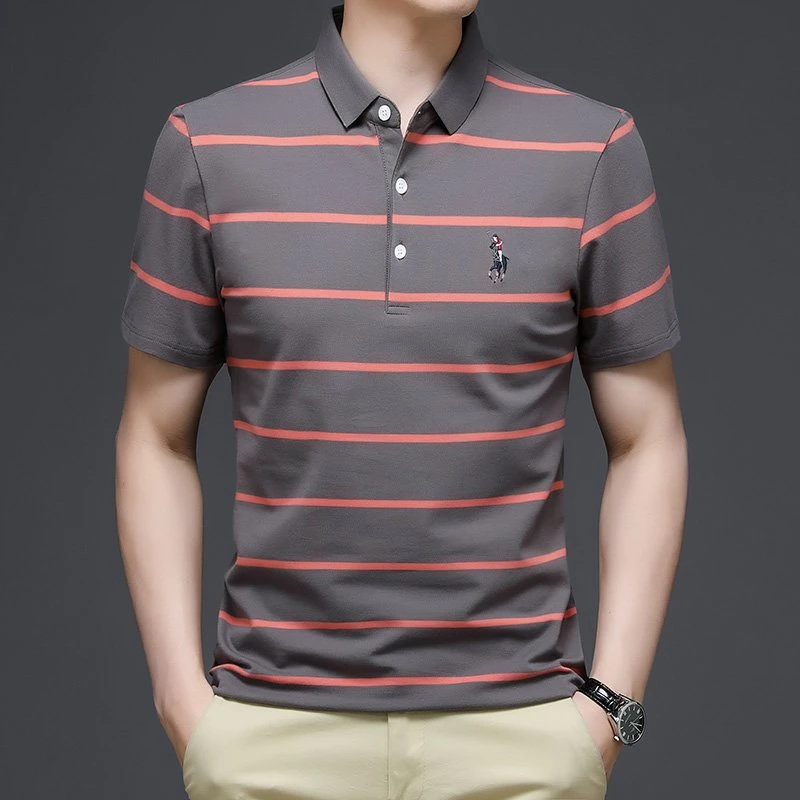China Manufacturer Custom Logo Summer Fashion Highest Quality Striped Embroidery Stripe Turn Down Collar Men Polo Shirts
