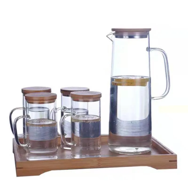 1300ml Home Glassware Water Pot Pitcher Set with Bamboo Lid Two Cups