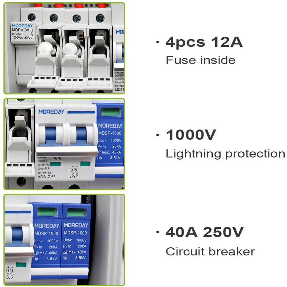 Moreday IP65 4 1 4 cuerdas 15A 1000V de CC de la matriz de Energía Solar Fotovoltaica Solar combinador de CC de plástico con caja de fusibles DC, SPD y MCB