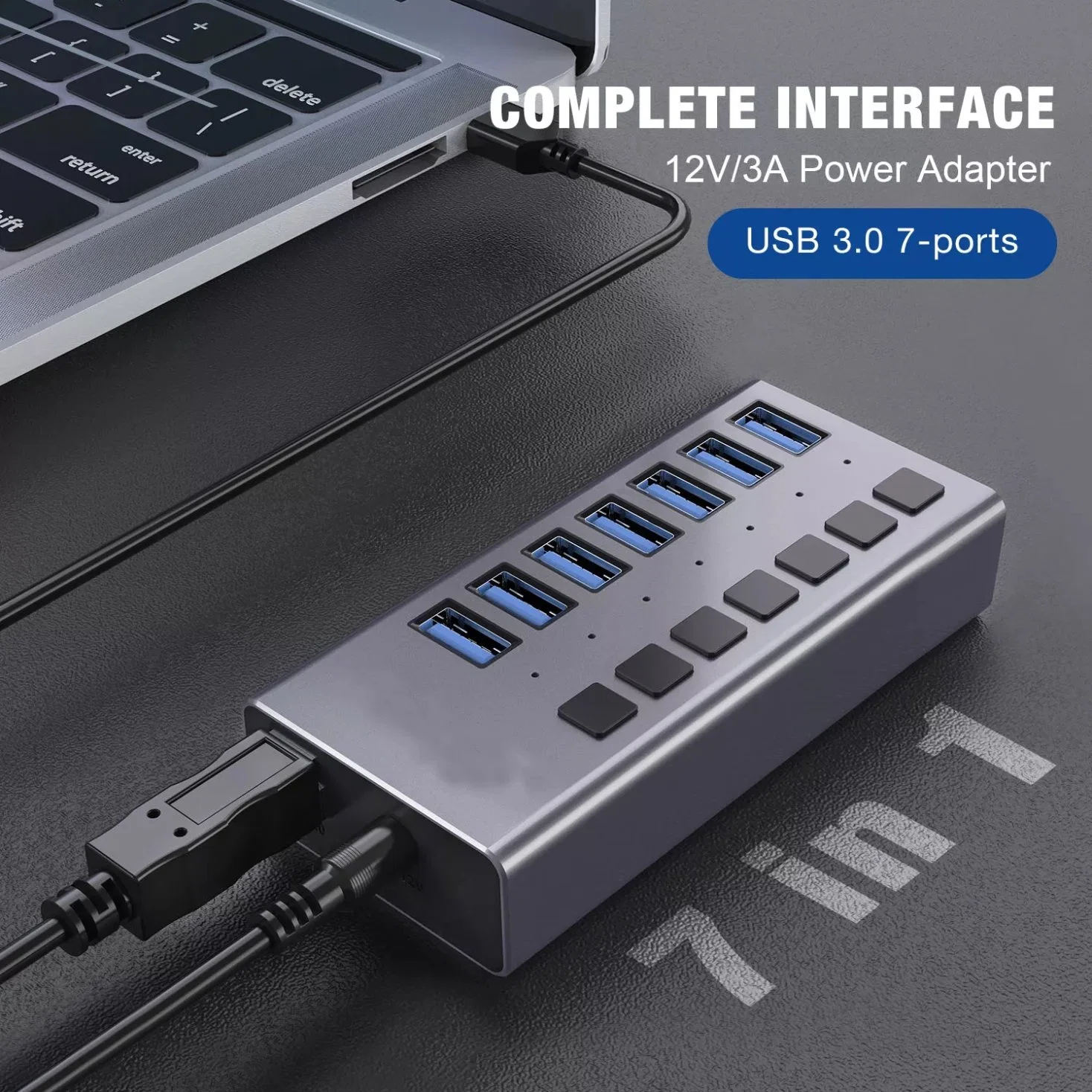 High Speed Power Adapter Support Data Transfer and Charging 36W 12V 3A 7 Port USB 3.0 Hub with Switches for PC Laptop