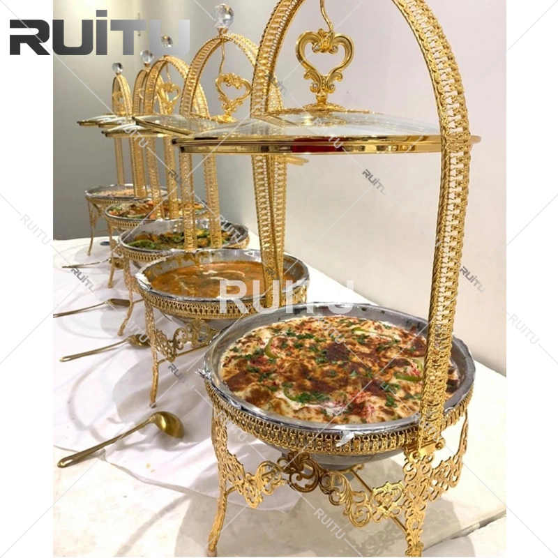 Hotel Restaurant Supplies Luxury Chaffin Dishes Catering Equipment Hanging Glass Lid Round Cheffing Dishes Buffet Stainless Steel Chef in Dish Food Warmer Set