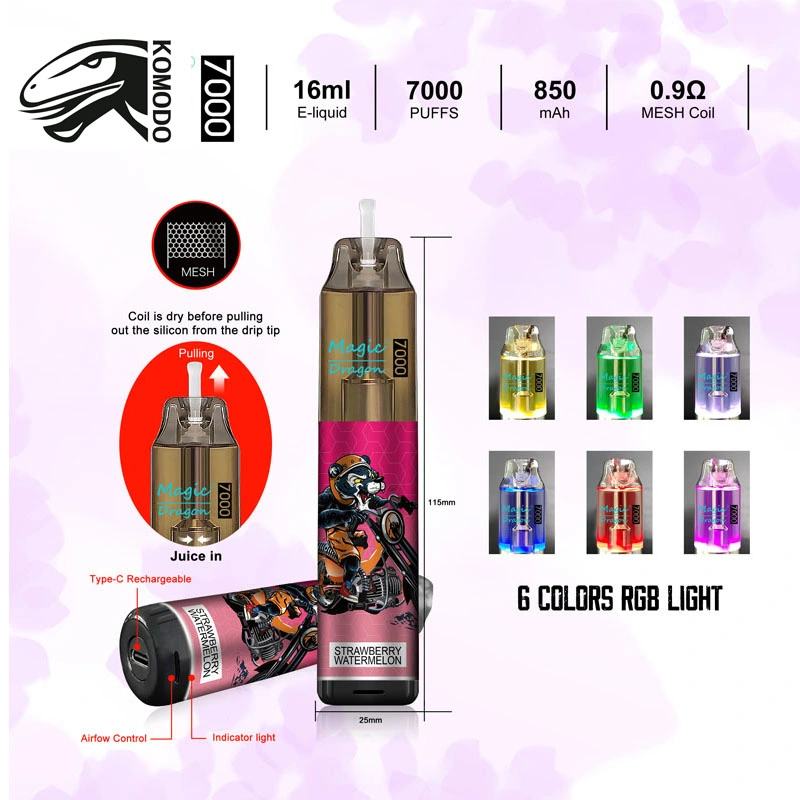 Magic Dragon Vapes desechables 7000 Puffs nicotina 6 colores RGB Compañía de Licencia de Tabaco ligero