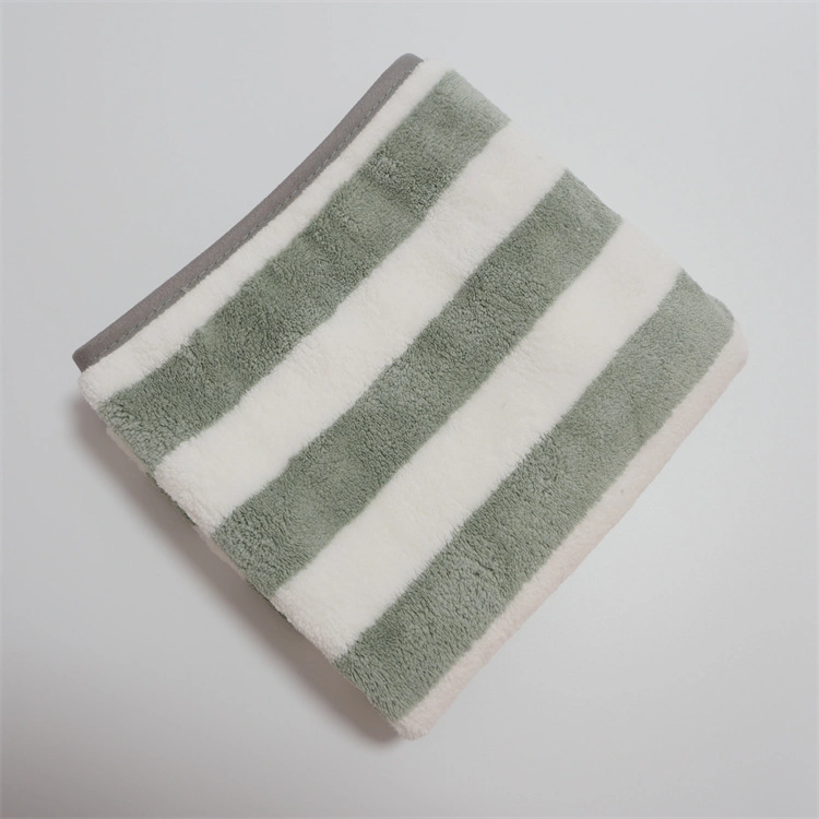 Good Quality Absorbent Microfiber Cationic Blue and White Strip Coral Fleece Towel