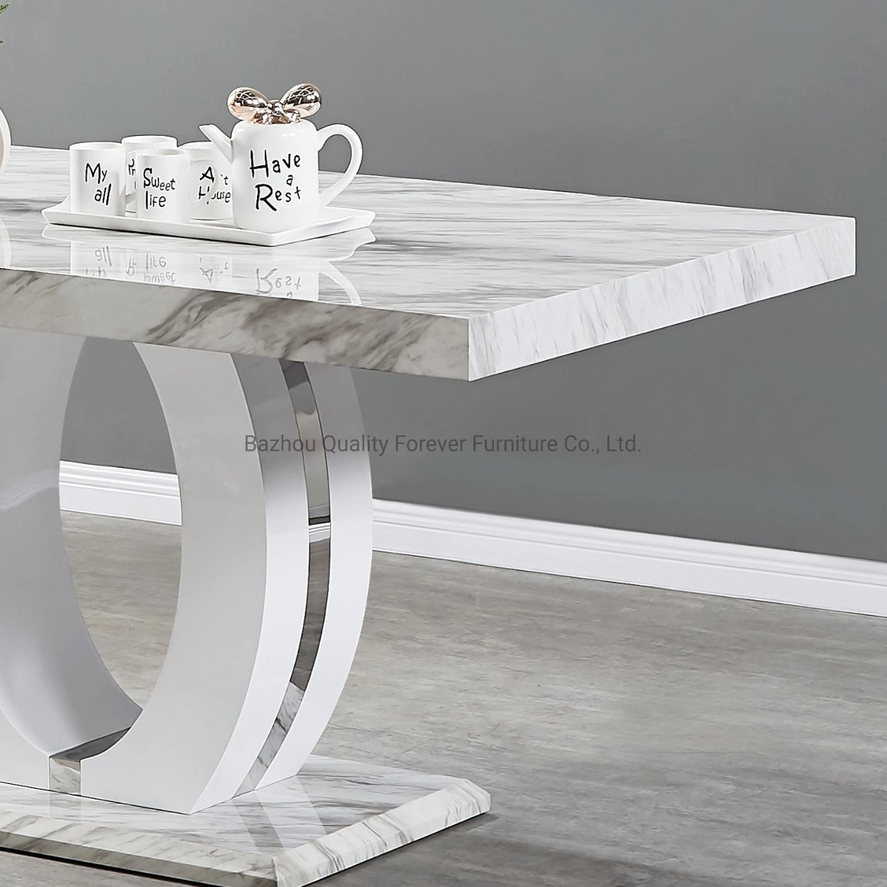 Amostra de estilo europeu barato 6 cadeiras Conjunto de mesa de jantar em mármore branco clássico moderno 8 lugares à mesa de MDF de luxo Personalização básica