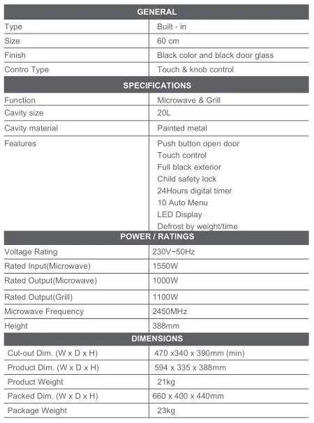 20L Full Black Built-in Microwave Oven with Touch & Knob Control Grill Function