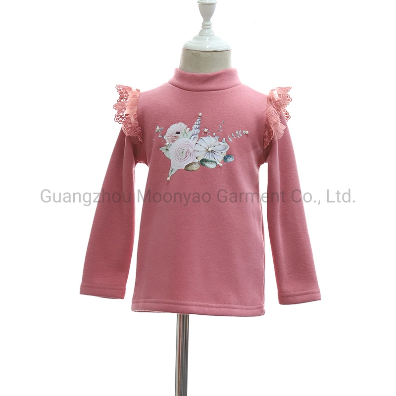 Flower Printed Children Girl T-Shirt with Frill Lace From China Manufacturer